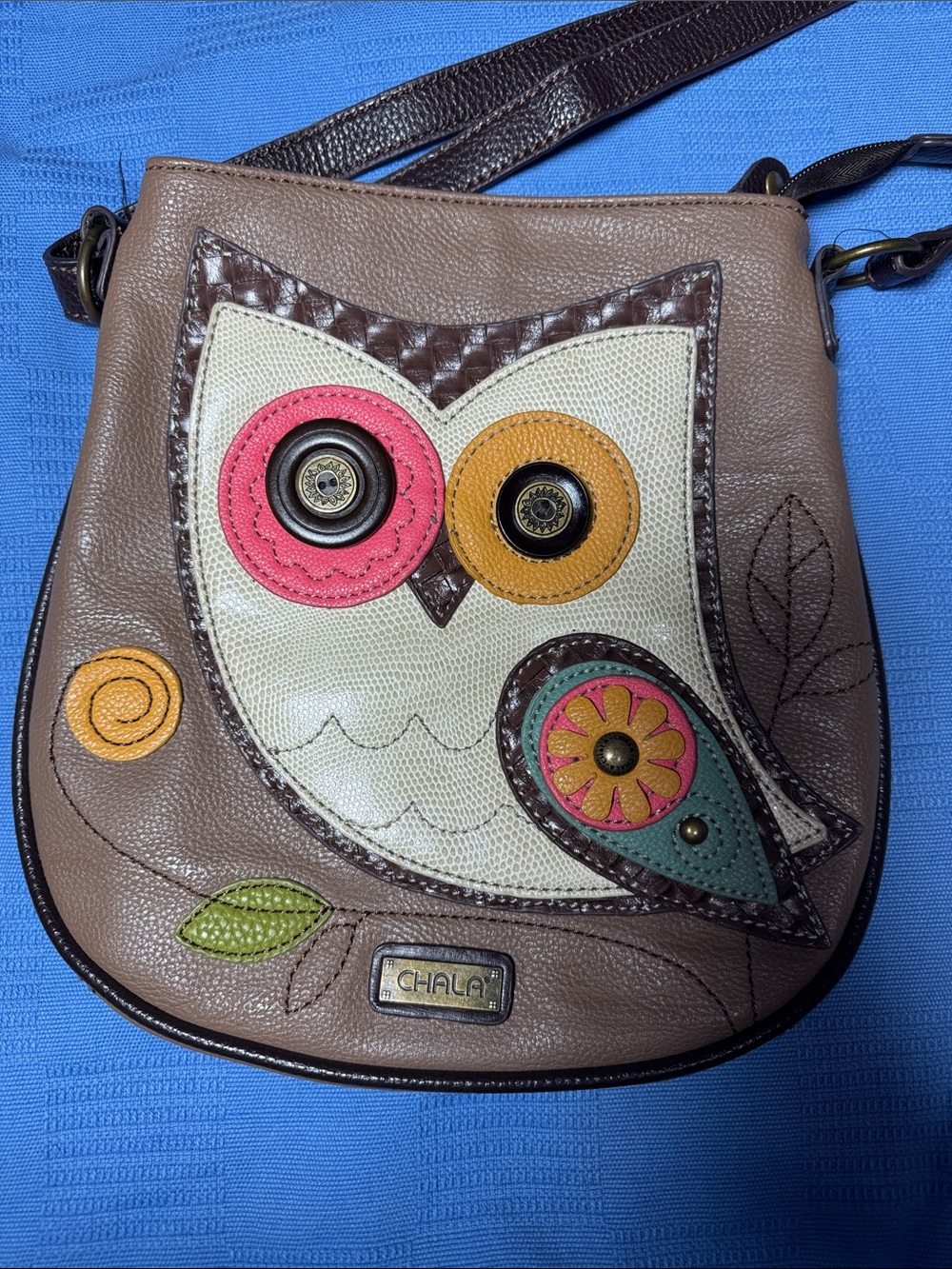 Chala Brown Crossbody Bag with Colorful Owl Appliqué